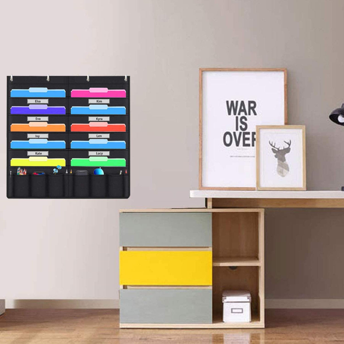 Organiseur mural pour dossiers suspendus 10 pochettes pour dossiers + 10 pochettes de rangement