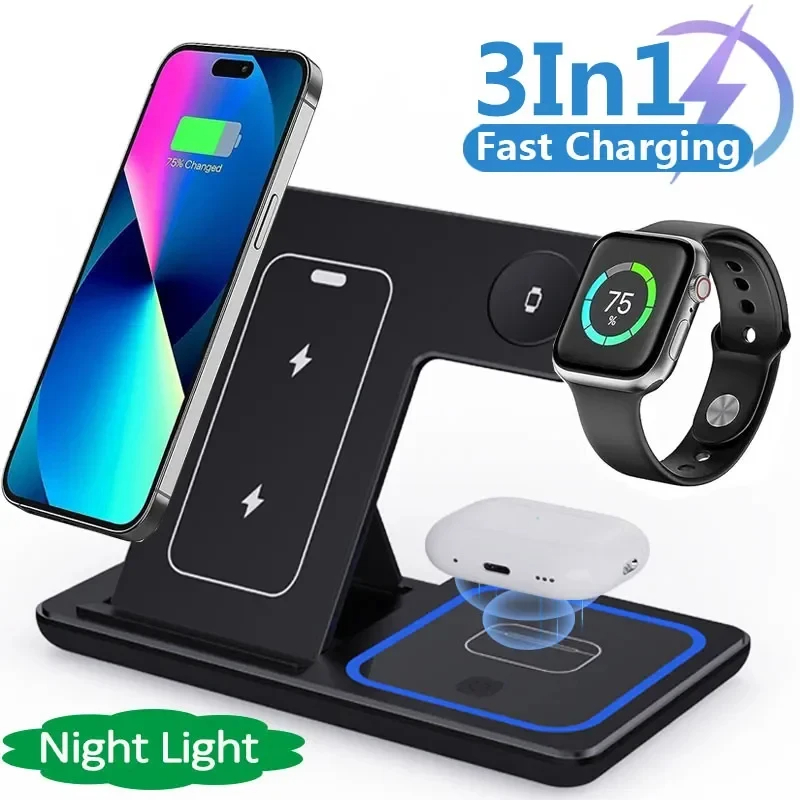 3-in-1 LED-Schnellladestation, faltbarer kabelloser Ladeständer